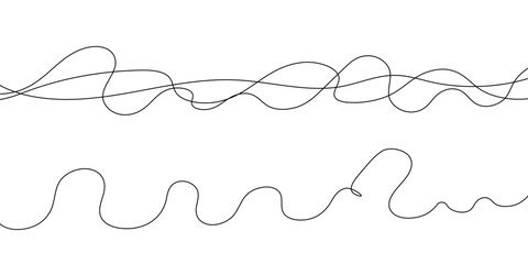 Thin squiggle golden line heart set. Wavy wiggle stripe. Curvy head or yarn lines for decor, separate, divider. Tangled squiggly linear doodle shapes. Vector