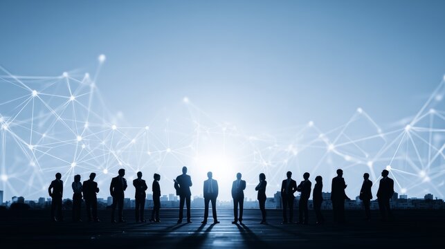 Business team on rooftop against connecting lines symbolizing global network and successful teamwork
