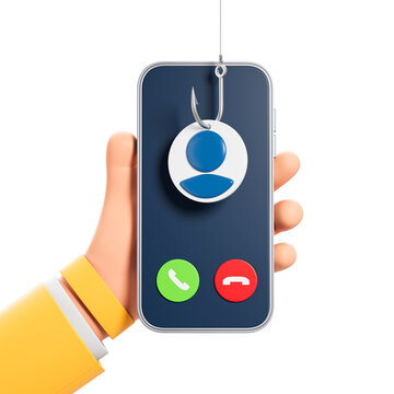 3D illustration of phishing scam concept with hand holding smartphone and hook catching user icon on incoming call screen on white background. 3D Rendering