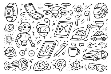 Obraz premium hand drawn doodle vector set of gadgets and futuristic concepts illustrated in a fun and creative style isolated on white background 