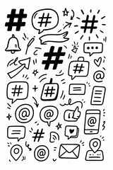 Fototapeta premium hand drawn doodle vector set of hashtags and mentions icons illustrated in a fun and creative style isolated on white background 