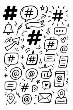 hand drawn doodle vector set of hashtags and mentions icons illustrated in a fun and creative style isolated on white background
