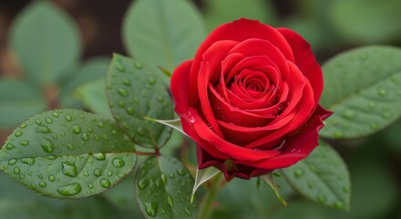 Pink rose covered with morning dew drops in soft romantic lighting. 