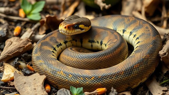  Satiated python snake coiled amid food remnants with visibly distended abdomen. 
