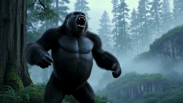 Powerful gorilla roaring in misty jungle with trees and rocks