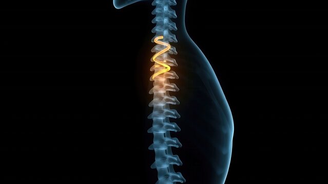 . X-ray silhouette of a human spine with a subtle golden coil ascending within the vertebrae. 