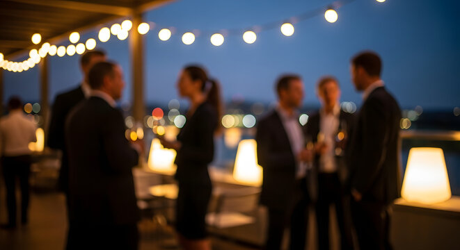 Group of professionals networking on rooftop terrace during blue hour with decorative string lights and modern lamps