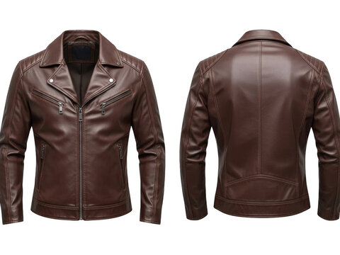 A brown leather jacket with a collar and zipper isolated on transparent background