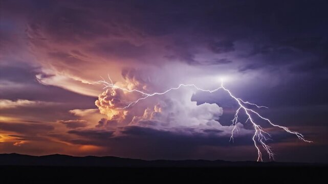 Dramatic lightning storm illuminating dark landscape with electric discharge, capturing intense weather phenomenon from a distance
