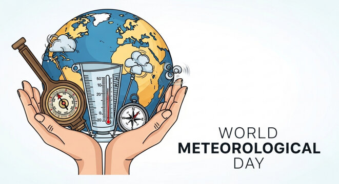 World meteorological day illustration with globe hands thermometer and weather instruments