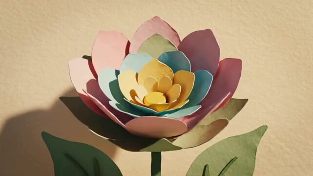 Stop Motion Paper Flower Blooming Animation with Pastel Pink, Blue, and Yellow Petals