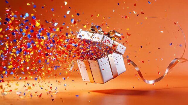 Open silver gift box with confetti explosion and colorful ribbons