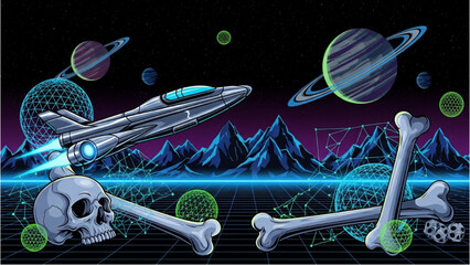 Futuristic Spacecraft Hovers Above Mountains with Bones and Skulls in a Cosmic Landscape from a Distant Viewpoint © Stock Image Paradise