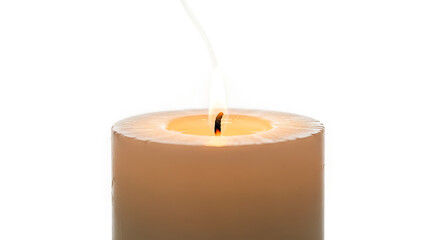 A lit candle with a warm glow on a white background mining things