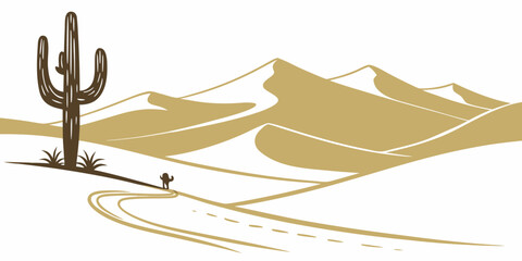 A lone cactus stands tall in the vast, undulating desert landscape under a clear sky © Mamun