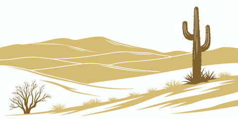 A solitary cactus stands tall in the vast expanse of a desert landscape under a clear sky. © Mamun