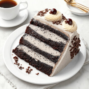 Flat lay of German black forest cake slice, dramatic chocolate tones 
