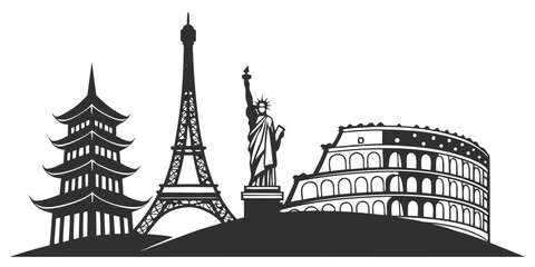 Obraz premium Iconic landmarks from around the world depicted in a minimalist black and white style
