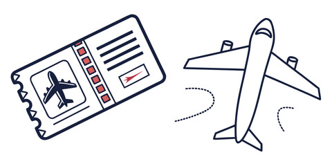 Illustration of a boarding pass and an airplane with a dotted path.