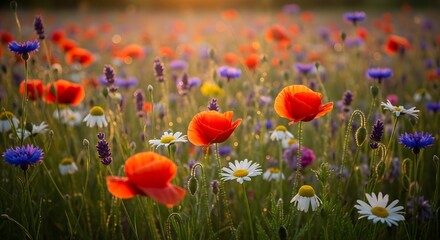 Obraz premium A beautiful and vibrant meadow filled with a variety of colorful wildflowers including red poppies, white daisies, and blue cornflowers, bathed in warm golden sunlight.