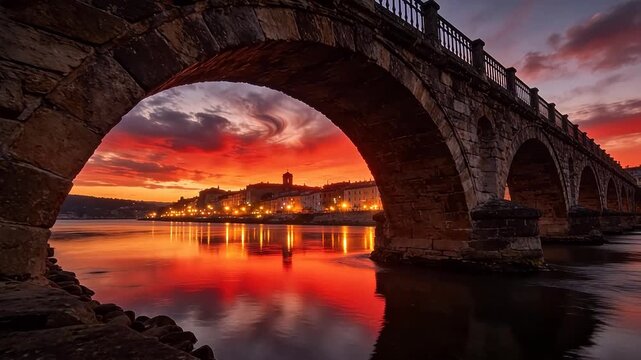 Old stone arched bridge over river at sunset