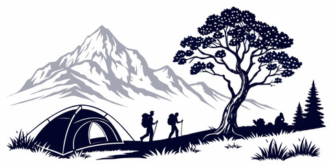 A group of hikers setting up camp at the foot of a majestic mountain © Mamun