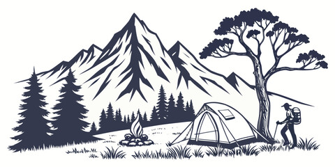 A serene mountain landscape with a tent and a tree under a clear sky. © Mamun