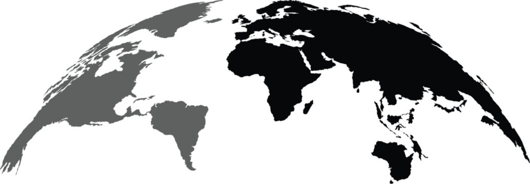 Curved World Map Silhouette: Global Perspective Vector with Grayscale Continents