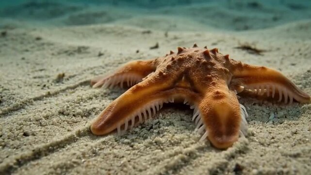 Orange starfish slowly crawling across sandy ocean floor