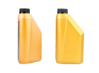 Golden plastic motor oil canister isolated on white background.