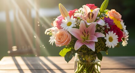 A beautiful bouquet of colorful flowers bathed in warm sunlight, placed on a wooden table.
