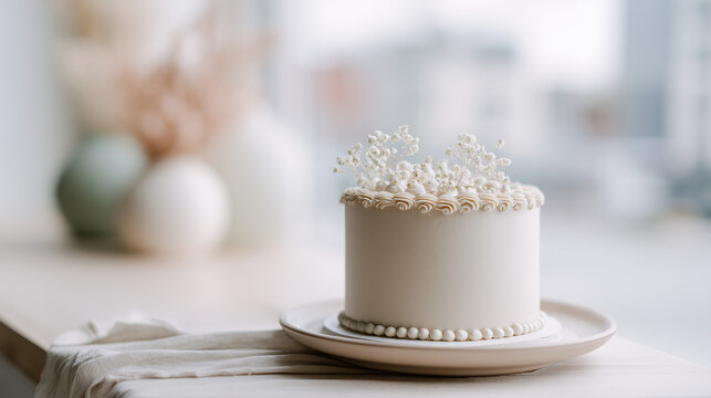 minimalist white aesthetic birthday cake with baby's breath, elegant small cream cake for celebration, high-end simple pastry photography with blurred background