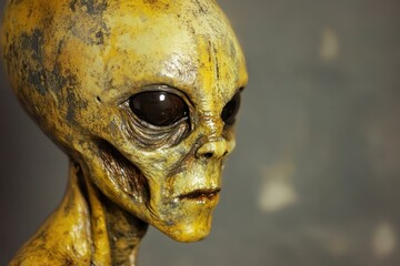 Alien figure with yellow skin and large black eyes in a close-up display