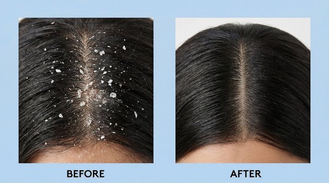 Scalp comparison shows dandruff flakes on dark hair before treatment next to a clean scalp after using anti-dandruff shampoo.