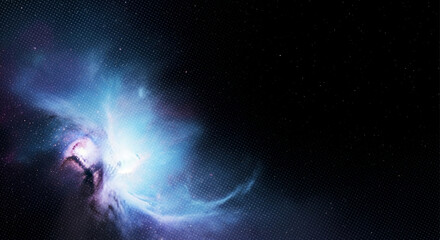 Naklejka premium Nebula with light, blue and purple hues, appearing in a black space background. Represents vastness, interstellar phenomena and cosmic exploration