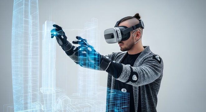 Man wearing VR goggles for architecture