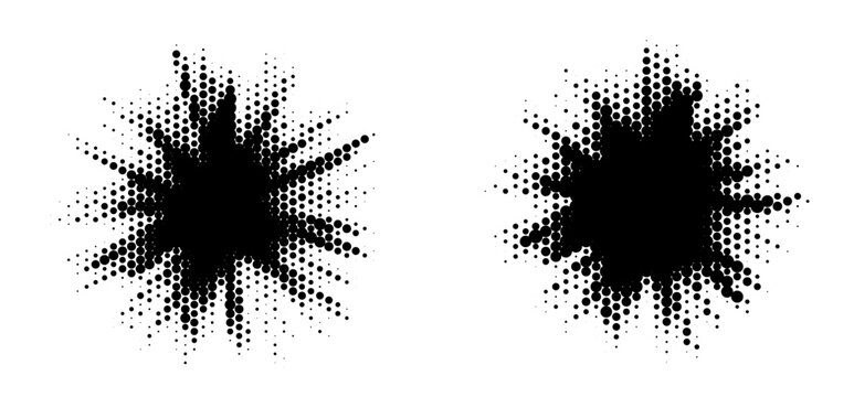 Halftone burst effect, dot pattern texture, abstract explosion splash isolated element. Vector starburst shape with radial flare and sun ray. Pop art dotted blast collection, comic light glow and shin