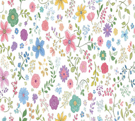 Fototapeta premium Vibrant floral pattern with diverse colorful flowers and leaves on white background