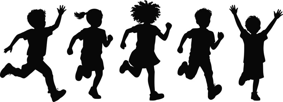 Five active young children leaping and sprinting with enthusiasm, radiating pure joy and vibrant energy