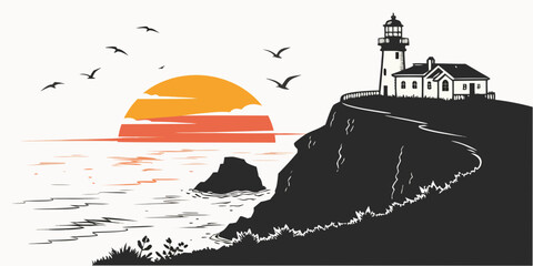 A serene sunset over the ocean with a lighthouse and flying birds © Mamun