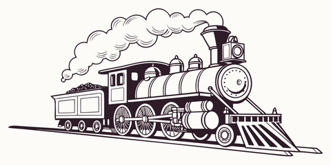 A detailed illustration of a classic steam locomotive train in motion. © Mamun