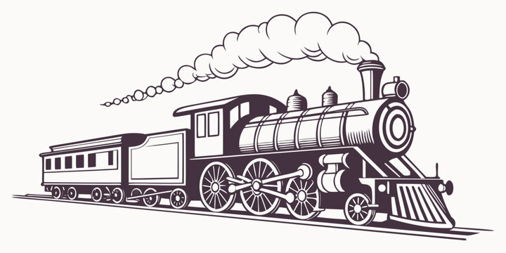 A detailed illustration of a vintage steam locomotive in motion with passengers