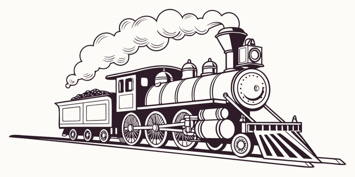A detailed illustration of a classic steam locomotive train in motion.