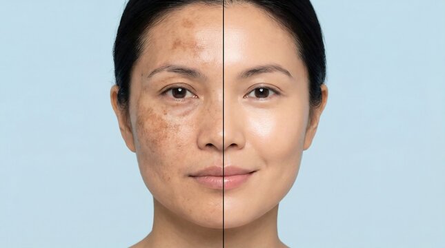 Woman's facial skin comparison shows dark spots before and after cosmetic treatment against a light blue background.