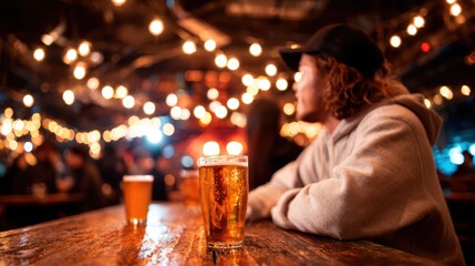 A vibrant atmosphere in a bar setting, featuring glasses of beer on the table as a friend enjoys moments of leisure, reflecting social bonding and enjoyable nightlife experiences.