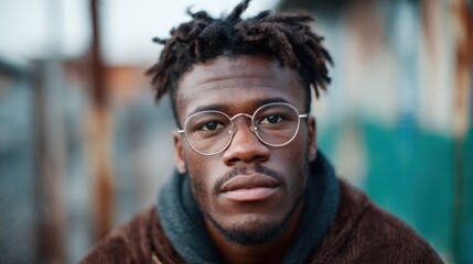 A young man with stylish glasses poses thoughtfully against an urban backdrop, showcasing his unique hairstyle and expression, capturing a moment of introspection.