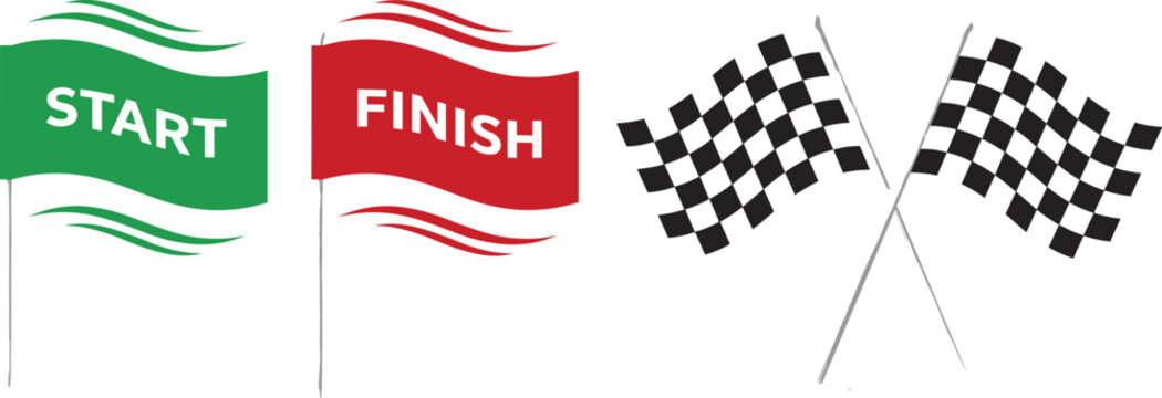 Start and finish racing flags vector set with checkered race symbols isolated sports competition illustration
