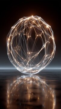 Interwoven White Line Ring With Connected Nodes In Futuristic Grid. Data Topology, Network Geometry, Digital Links.