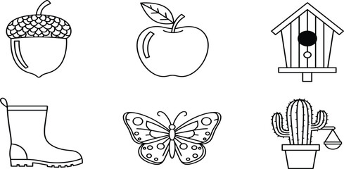 Minimalist nature and garden icon set featuring acorn, apple, birdhouse, rubber boot, butterfly, and potted cactus in black line art styleMinimalist nature and garden icon set  © Zakia