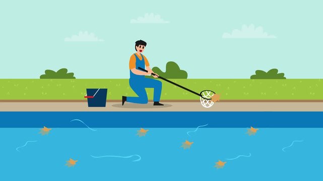 Professional Pool Cleaning Service and Maintenance cartoon animation